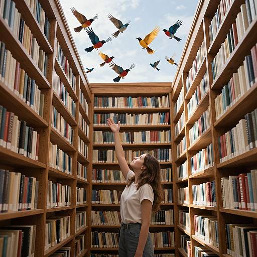 Photograph: Woman with wavy brown hair, white shirt, and blue jeans reaches up at colorful birds flying between tall wooden bookshelves in a