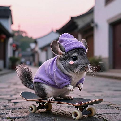 Clothed Chinchilla Skateboarding at Dawn