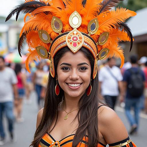 Photograph of a smiling Latina woman in an ornate, orange and black feathered headdress with gold and red details, wearing a matching strapless