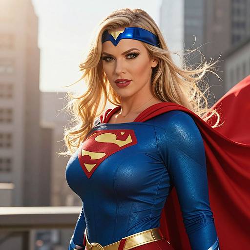 Photorealistic digital artwork of a blonde woman in a blue Supergirl costume with red cape, gold belt, and blue headband, standing in