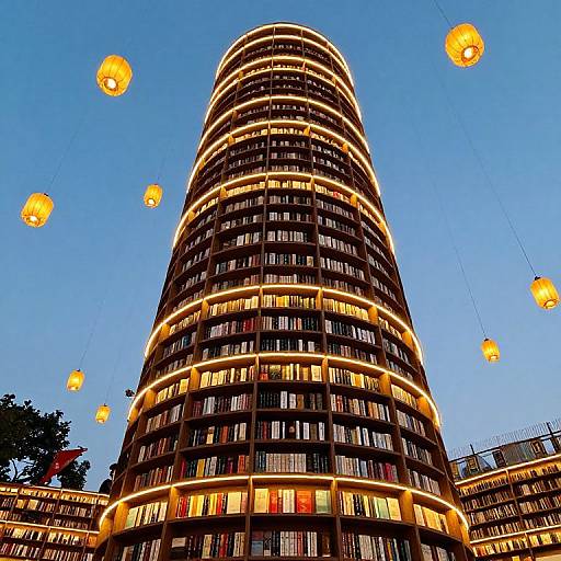Photograph of a tall, cylindrical, illuminated office building at dusk, adorned with glowing yellow lanterns against a clear blue sky.