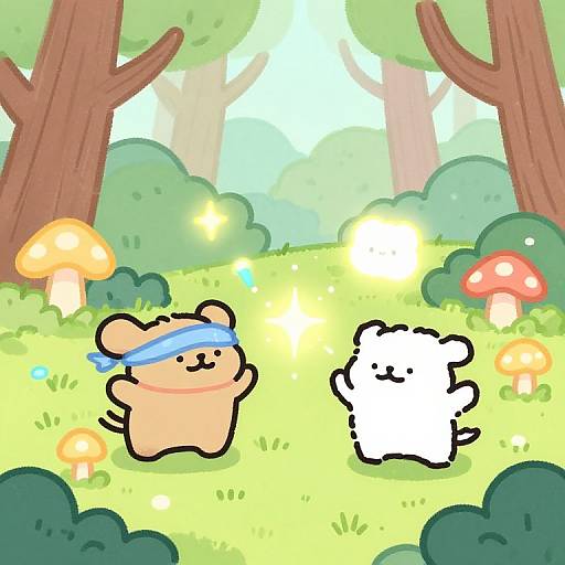 Cute cartoon bears, one orange with a blue headband, one white, dancing in a sunny forest with mushrooms and sparkles.