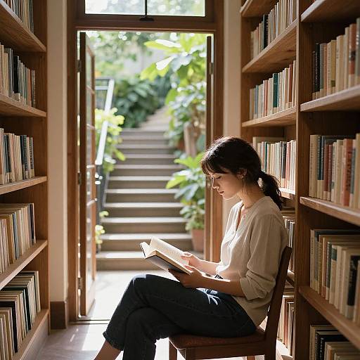 Photograph of a woman with brown hair in a ponytail, wearing a white blouse and blue jeans, reading a book in a sunlit library with