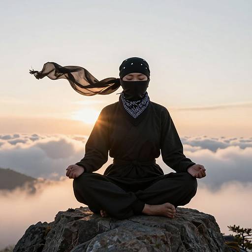 Photograph of a ninja woman in black gear and mask, meditating on a rocky peak at sunrise, with clouds below.