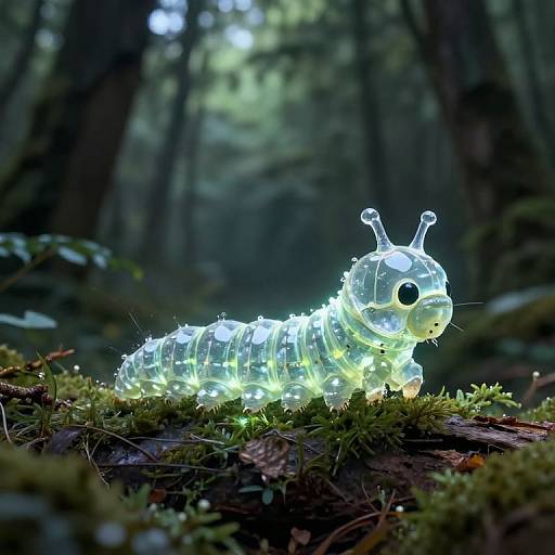 Glow-in-the-dark wireframe caterpillar illuminated with neon lights, placed on mossy forest floor, surrounded by dark, blurred trees.
