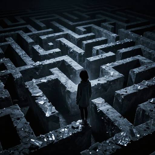 Photograph of a solitary child standing in a dark, maze-like structure with reflective, metallic walls illuminated by blue light.