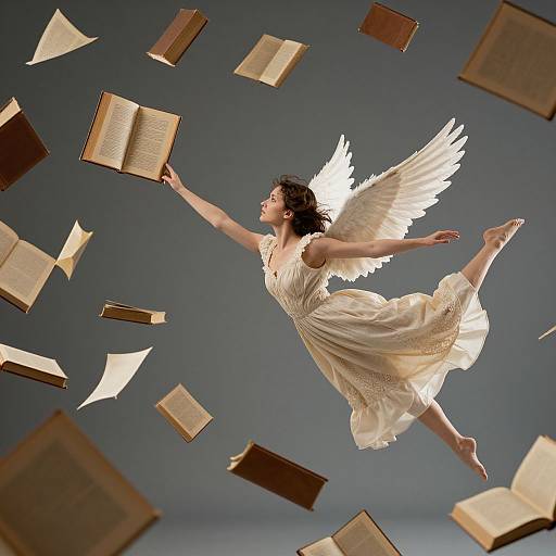 Photograph of a winged, ethereal woman in a flowing white dress, gracefully flying amid floating, open books against a dark gray background.