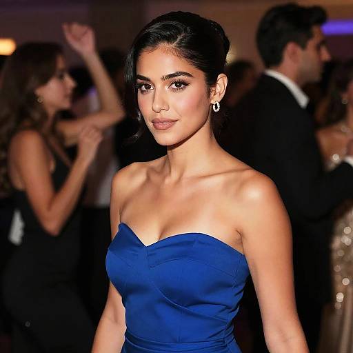 Elegant Latina Woman in Blue Dress at Party