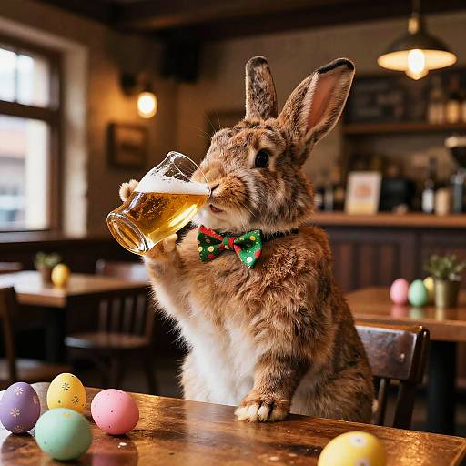 Photograph of a fluffy, brown rabbit with a green polka-dot bowtie drinking beer, surrounded by Easter eggs on a wooden table in a cozy