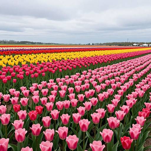 Vibrant photograph of a large field with rows of pink tulips, transitioning to red, yellow, and orange tulips under a cloudy sky.