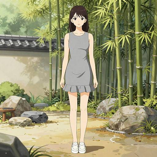 Digital anime drawing of a young woman with black hair, wearing a light gray sleeveless dress and white sneakers, standing in a serene bamboo forest with sunlight