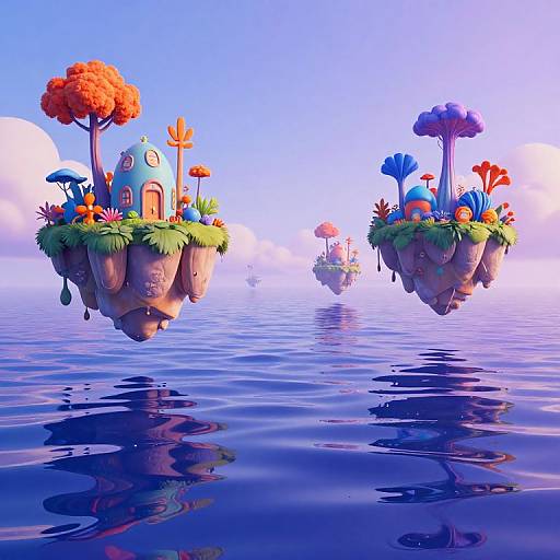 Vibrant digital artwork of floating islands with colorful, whimsical trees, flowers, and houses over a calm, reflective blue water surface.