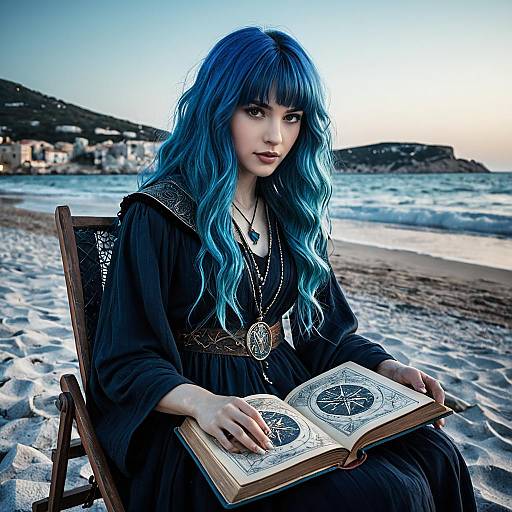 Blue-Haired Sorceress Reading Ancient Spellbook on Beach