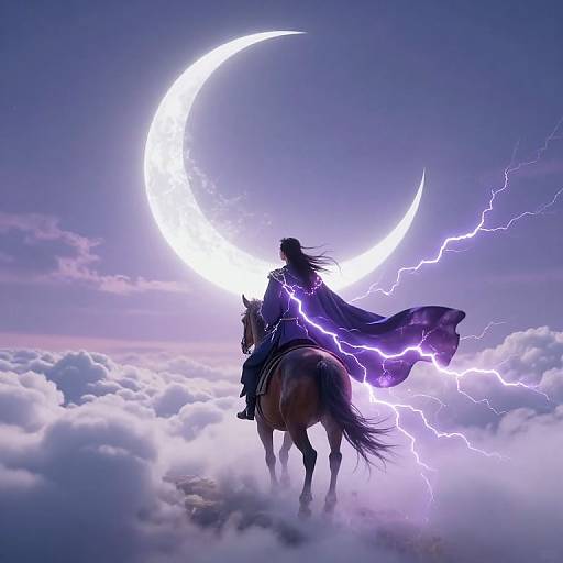 Lightning Cape Rider Under Crescent Moon