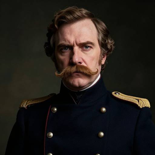 Photograph of a stern-faced, middle-aged white man with a thick mustache, wearing a black military uniform with gold epaulettes, against