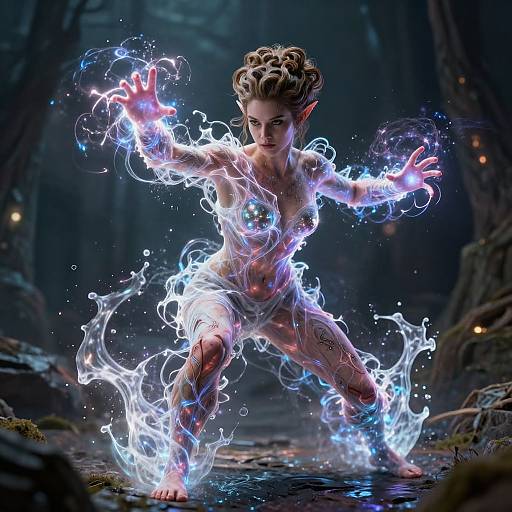 Digital artwork of a young, nude, elf-like child with glowing blue and white magical energy surrounding them, crouching in a dark, enchanted forest