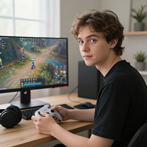 Photograph of a young white man with curly brown hair, wearing a black shirt, playing a colorful video game on a computer.
