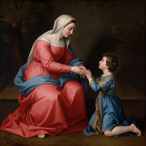 Photograph-style painting of a maternal Mary in red and blue robe, gently holding hands with a young Jesus in blue dress, kneeling against a dark,