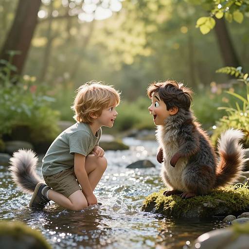Photorealistic CGI: A blonde boy in a green shirt kneels in a sunlit forest stream, surprised by a fluffy, anthropomorphic squirrel on