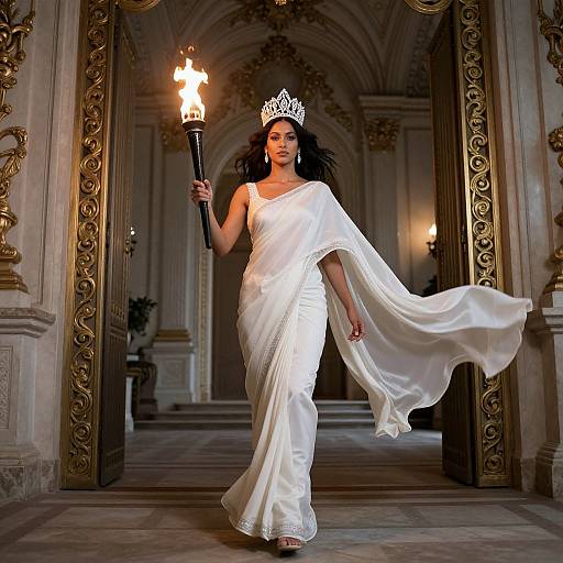 Photograph of a dark-haired woman in a flowing white gown, silver tiara, holding a torch, walking through an ornate, golden-framed