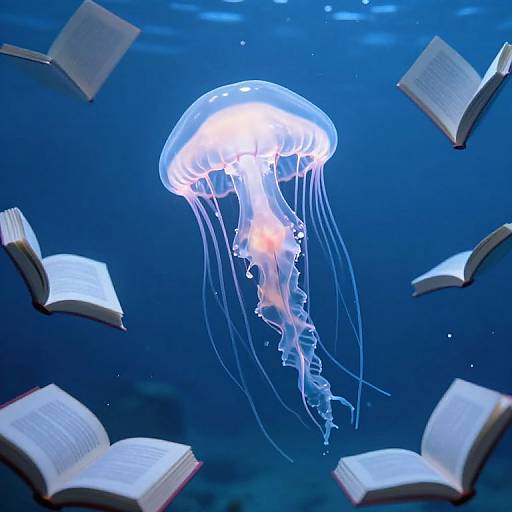 Photograph of a glowing jellyfish with translucent tentacles surrounded by floating open books in a deep blue underwater scene.