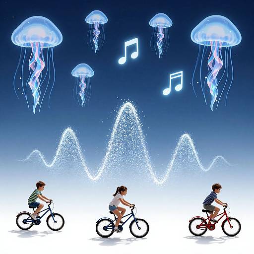 Digital illustration: Three children riding bicycles below glowing blue jellyfish and musical notes, with shimmering mountain waves in the background.