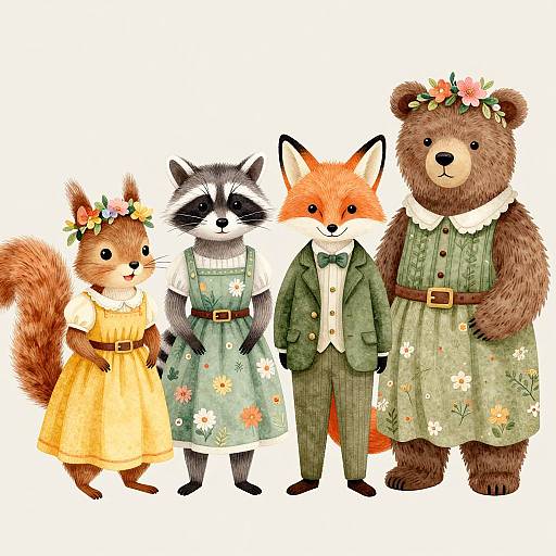 Whimsical illustration of an anthropomorphic family: squirrel girl in yellow dress, raccoon in green floral dress, fox in green suit, bear in