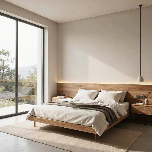 Modern minimalist bedroom with wooden bed, white bedding, black throw, side tables, pendant light, large window, and natural light.