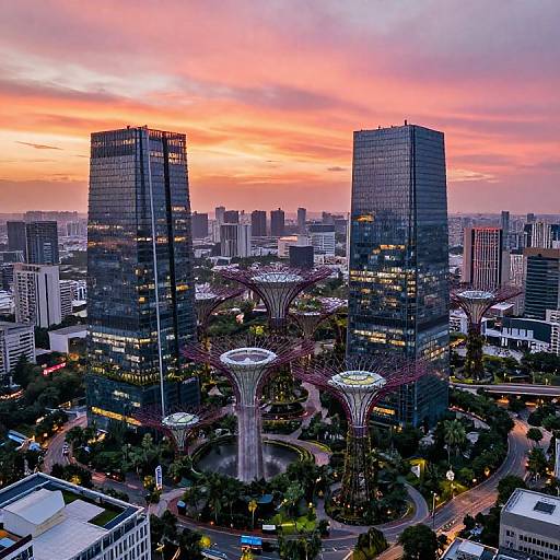 Aerial photograph of a cityscape at sunset, featuring two tall glass skyscrapers flanking a futuristic tree-like public structure with glowing lights, surrounded