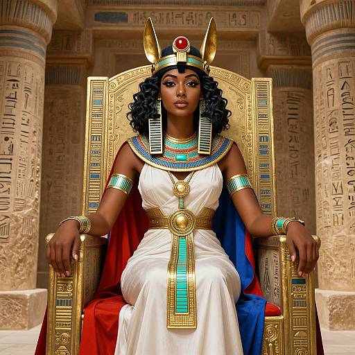 Photorealistic digital artwork of a dark-skinned, curly-haired Egyptian queen with golden headpiece, turquoise necklace, white dress, and red-blue cape