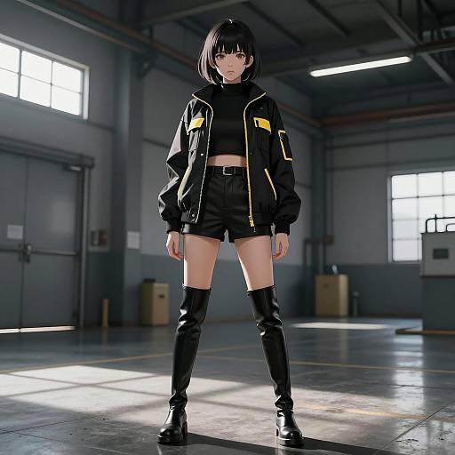 Anime Style Girl in Industrial Warehouse