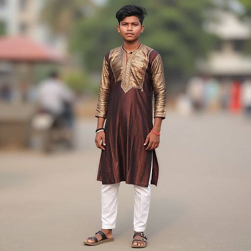 Photograph of a young Indian man with short black hair, standing on a street. He wears a gold-embroidered brown kurta, white