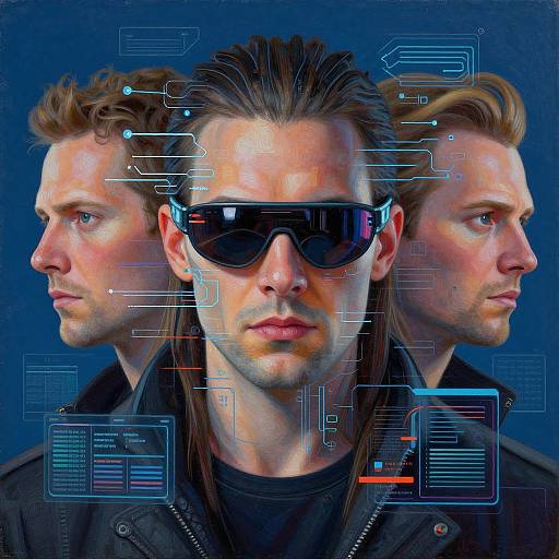 Digital artwork of a man with three mirrored profiles, wearing black sunglasses, and a leather jacket, set against a blue background with futuristic circuitry overlays.