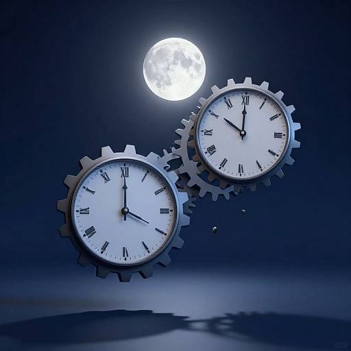 Photograph of two floating, gear-shaped clocks with Roman numerals, against a dark blue night sky with a bright full moon.