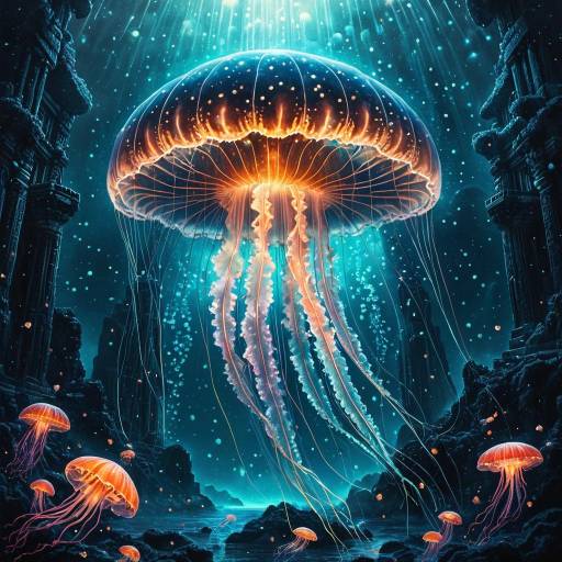 Luminous Jellyfish Guardian in Underwater Temple
