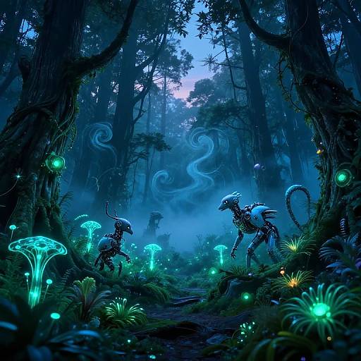 Digital fantasy artwork of a dark, eerie forest with glowing blue mushrooms, bioluminescent creatures, and swirling mist under a twilight sky.