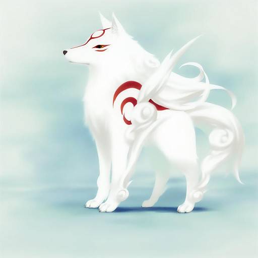 Illustration of Amaterasu (ookami), ookami (game) in the style of Rokuwata tomoe