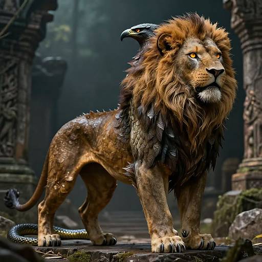 Digital art of a majestic lion with a snake's head on its back, standing in an ancient, moss-covered temple ruin.