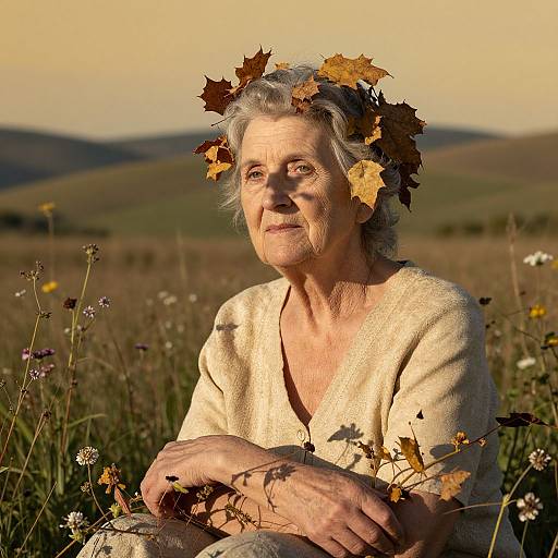 Photograph of an elderly woman with white hair, wearing a beige sweater, adorned with autumn leaves in a sunlit meadow.
