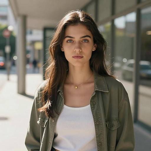 Photograph of a young woman with long dark brown hair, wearing an olive green jacket over a white top, standing outdoors on a sunlit street with