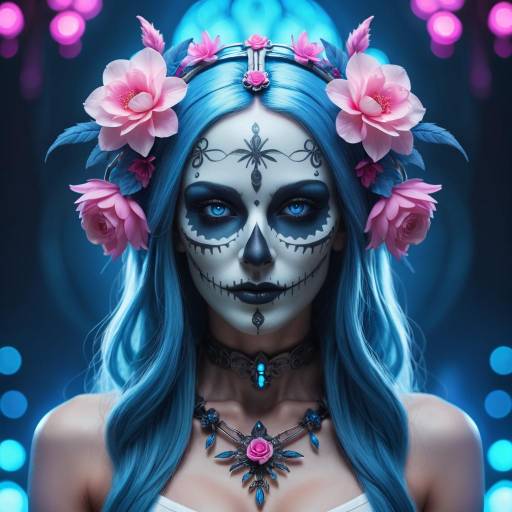 Woman with Blue Hair and Sugar Skull Makeup
