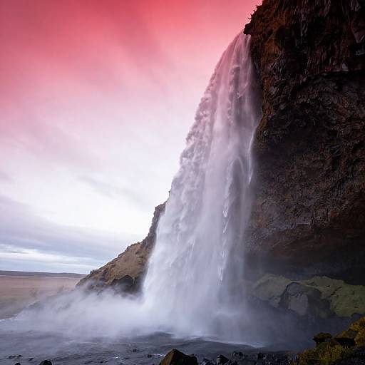 Photograph of a powerful waterfall cascading down a dark, rocky cliffside against a vivid red and white sky, with mist rising from the base.