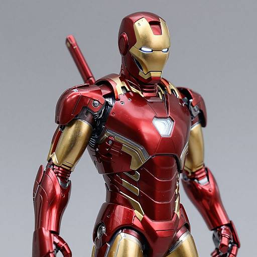 Photograph of a detailed, red and gold Iron Man suit with glowing blue eyes, standing against a plain gray background.