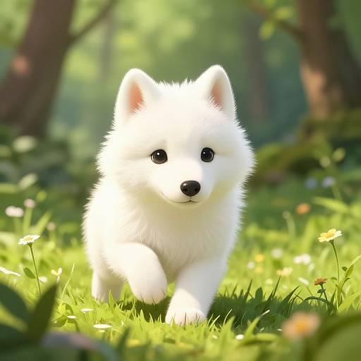 Digital artwork of an adorable, fluffy white puppy with large black eyes walking through a sunlit, green forest clearing with scattered daisies.