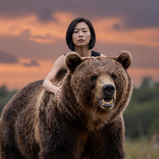 Asian Woman Embracing a Brown Bear
