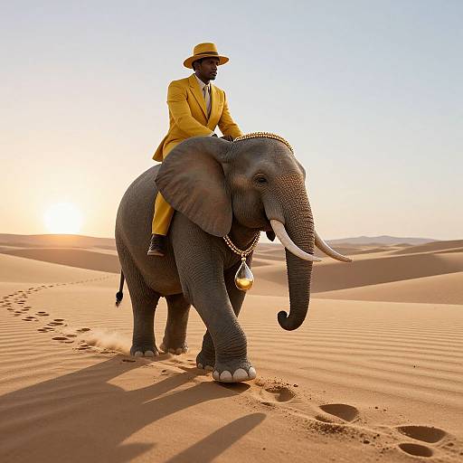 Photograph of a Black man in a yellow suit and hat riding an elephant in a desert, with sunlit sand dunes and elephant footprints in