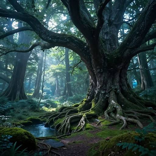 Enchanting forest scene photograph: large, gnarled tree with sprawling roots over a serene stream, dappled sunlight, lush green moss,