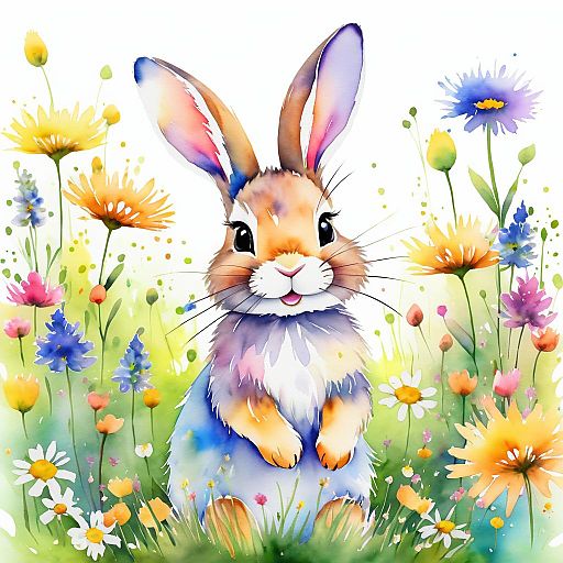 Whimsical Watercolor Rabbit in Meadow Whimsical Watercolor Rabbit in Meadow