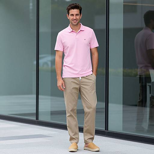 Man in Pastel Polo by Glass Facade