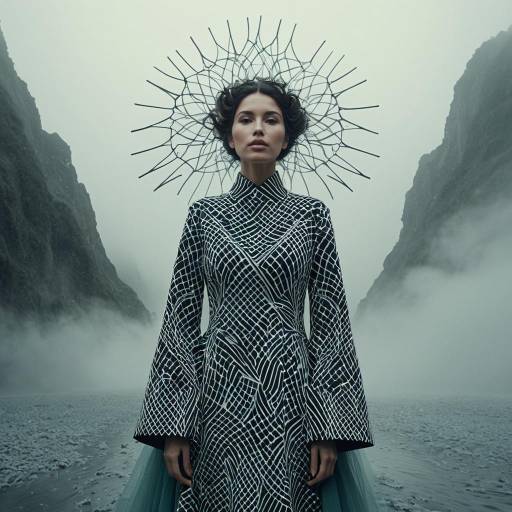 Surreal Woman in Patterned Dress with Artistic Headpiece